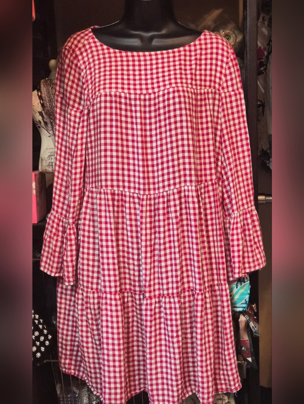 BeachLunchLounge Red White Gangnam Tiered Flare Sleeve Dress Women Large